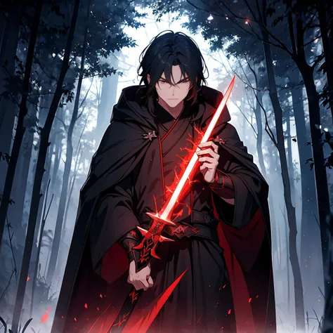 man in black robes , the background is a dark forest, sword in one hand, the blade is red glowing magic，red sparkling，