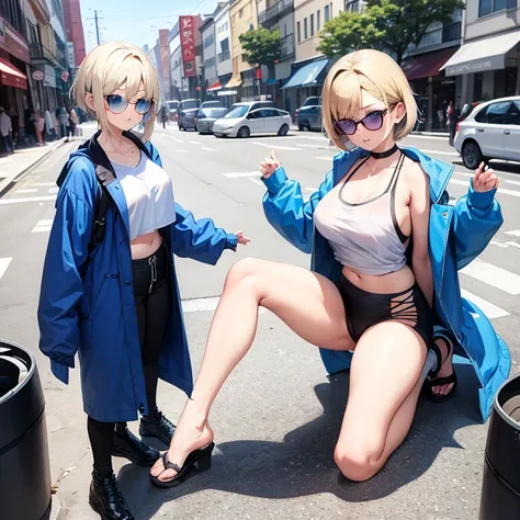 2D Anime Style、Blue eyes、Adults、breasts are slightly larger、Cool and beautiful woman with short blonde hair、Im embarrassed、full body Esbian、Winter outdoor、She wears a short, Im wearing sunglasses、Tops that show your stomach, and long coat.