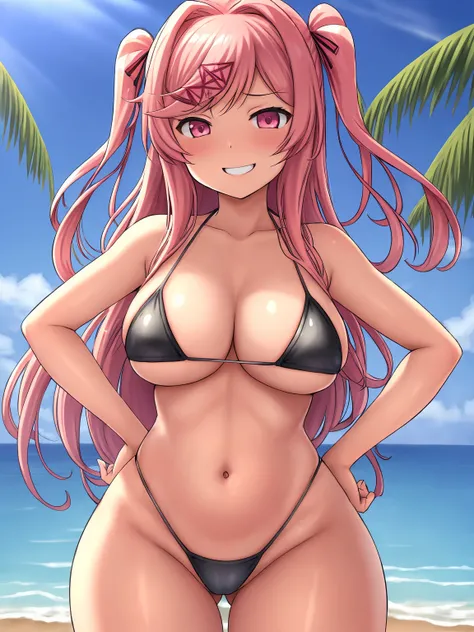 anime, 2d, (Masterpiece, best quality)+, colorful, (highly detailed)+, (very delicate, beautiful)+, character design, female focus, solo, 1girl, natsuki (Doki Doki Literature Club), fang, hair ornament, pink hair, pink eyes, long hair, two side up, swept b...