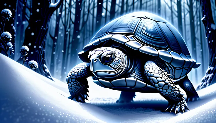 ((stunning illustration of dark fantasy turtle with in the shell snow glow:1.3)), in the misty shadows of a noir-inspired scene,...