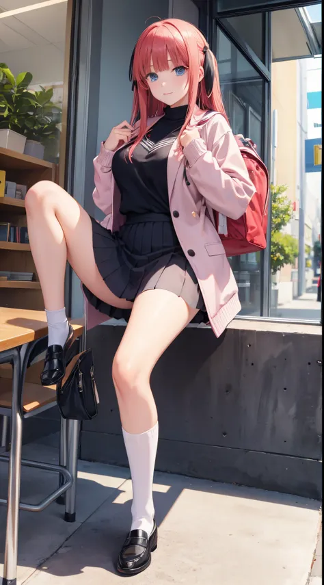 Nino Nakano cabello con coleta,Pose sexy,high school uniform with sweater,medias largas color blancas,mochila,salon de clases