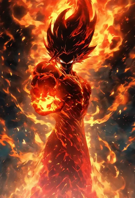 Soul Fire Finds Its Mysterious Master, A male figure is enveloped in ethereal flames，reflective crimson etching. His mysterious presence hints at a close connection with infernal forces. A fiery shadow fell over him, The mysterious dance of creation, Destr...