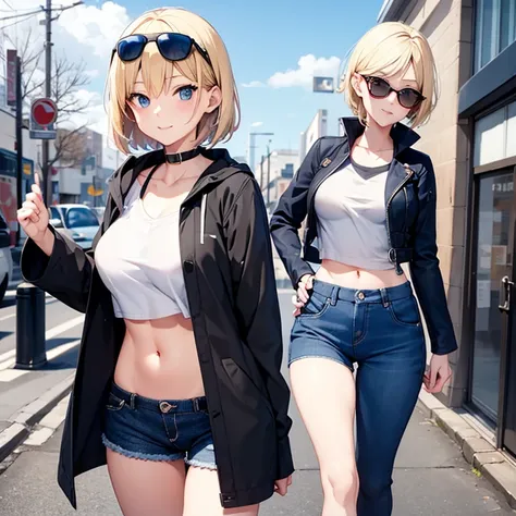 2D Anime Style、Blue eyes、breasts are slightly larger、Blonde Shorthair、cool and beautiful adult woman、Laughing、full bodyesbian、Winter outdoor、She is wearing shorts, sunglasses, a top that shows off her stomach, and a long coat.