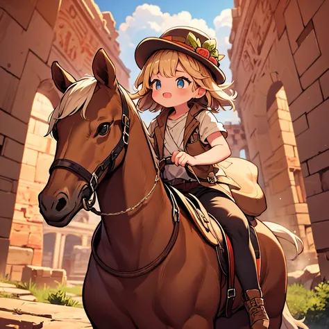 A masterpiece, a detailed background, Indiana Jones worldview、Petra Ruins、 cute girl riding a horse、Cowboy Hat