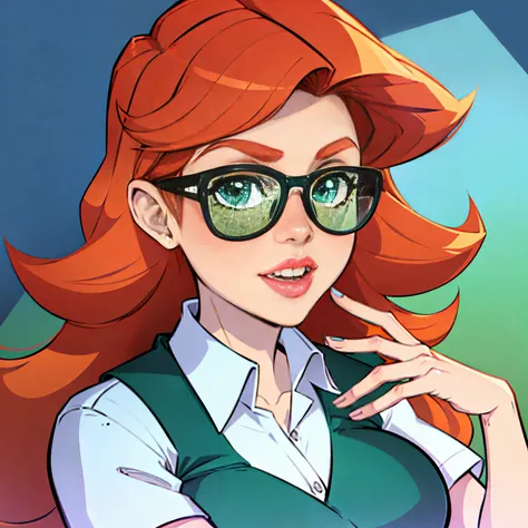 portrait photo, school, sfw, (masterpiece), cel shaded, thick outlines, glossy shine, solo, green eyes, red hair, teacher outfit (glasses, shirt)