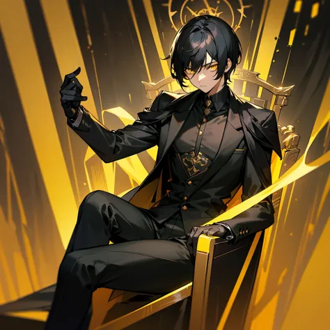 Black hair, short hair, yellow eyes, dark eyes, teenager, glowing eyes, handsome male, male protagonist, all black suit, sitting on a throne