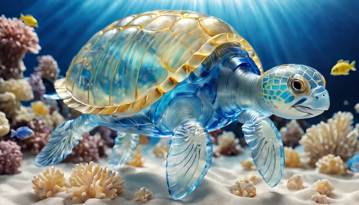 crystal shell turtle, blue waters, Various colorful fish, Dreamy jellyfish, The sun shines into the sea like a beam of light, blind box toy style, Op art, god rays, award winning