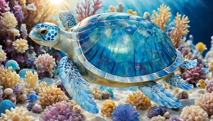 crystal shell turtle, blue waters, Various colorful fish, Dreamy jellyfish, The sun shines into the sea like a beam of light, blind box toy style, Op art, god rays, award winning