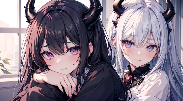 2 woman, demon girl, demon horns, hugging each other in bedroom, blushed face, black shirt, white skirt, beautiful eyes finely d...