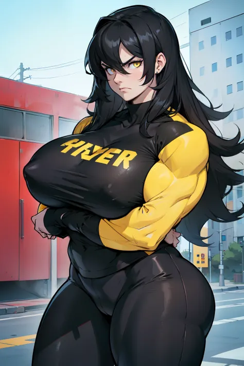 (girl) ((((huge muscles)))) ((huge breasts)) black hair yellow eyes pale skin tight black long sleeve t-shirt black leggings frown (long hair)