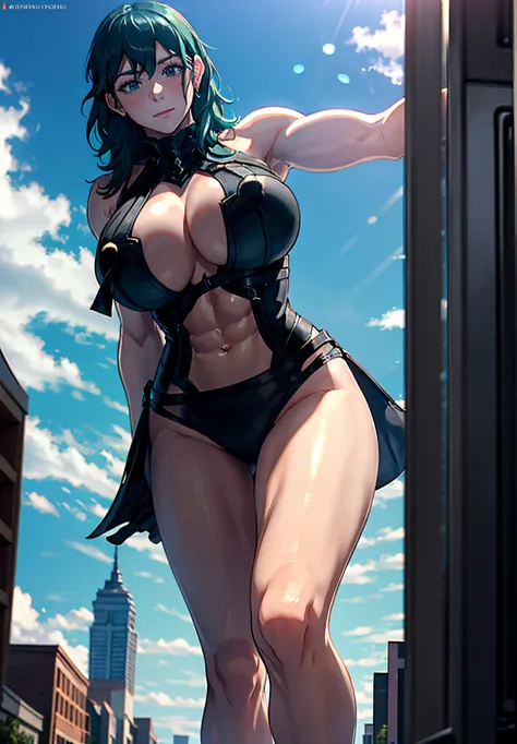 masterpiece, best quality, highres, high quality, collage, perfect image, 1girl, fem_byleth, abs, long legs, bare shoulders, toned muscles, biceps, triceps, face, gentle smile, blush, collarbone slim legs, underboob, aroused, (gigantic breasts:1.4), detail...