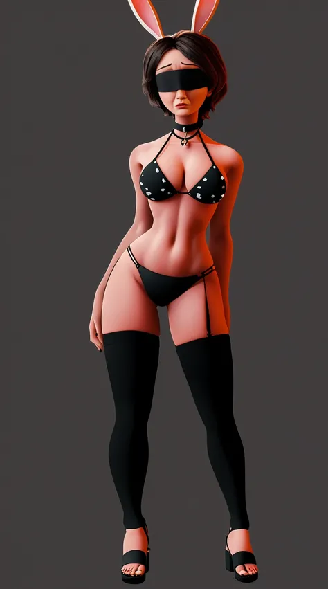 SFW Aunt Cass, standing straight symmetrical, full body, solo girl looking to the camera, blindfolded, cow bell choker, metal sandals, black bikini, black bunny ears, black thigh highs, grey background