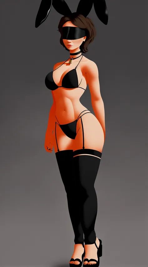 SFW Aunt Cass, standing straight symmetrical, full body, solo girl looking to the camera, blindfolded, cow bell choker, metal sandals, black bikini, black bunny ears, black thigh highs, grey background