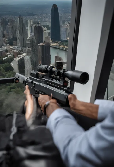 50-year-old man in a black suit at the top of a skyscraper armed with a rifle, Jair Messias Bolsonaro, m4a1, firegun, (((8k, foto RAW, melhor qualidade, obra-prima:1.4))), ultra high-resolution, ultra-detalhado, 插圖, (((solo))), Hyperrealism, blurry, blurry...