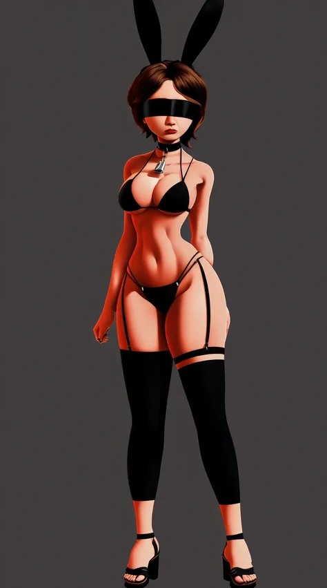 SFW Aunt Cass, standing straight symmetrical, full body, solo girl looking to the camera, blindfolded, cow bell choker, metal sandals, black bikini, black bunny ears, black thigh highs, grey background