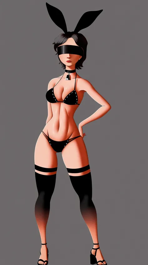 SFW Aunt Cass, standing straight symmetrical, full body, solo girl looking to the camera, blindfolded, cow bell choker, metal sandals, black bikini, black bunny ears, black thigh highs, grey background