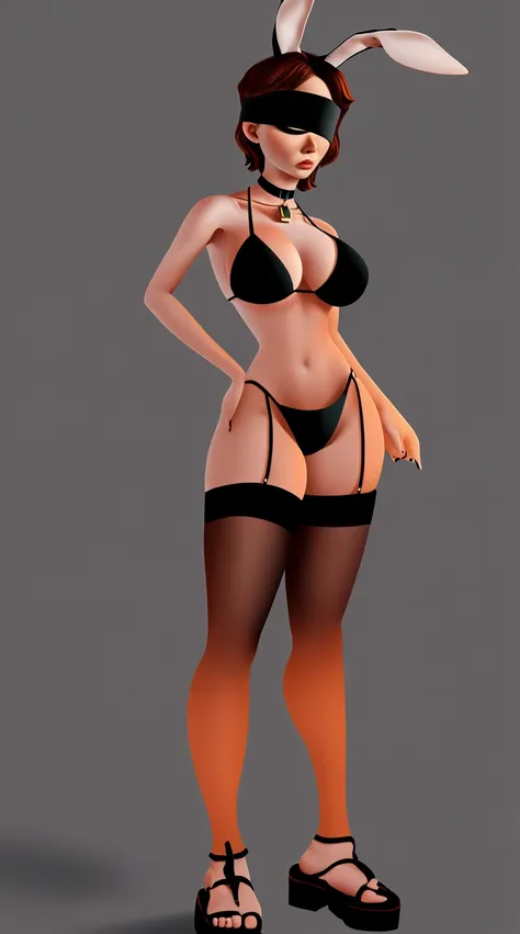 SFW Aunt Cass, standing straight symmetrical, full body, solo girl looking to the camera, blindfolded, cow bell choker, metal sandals, black bikini, black bunny ears, black thigh highs, grey background