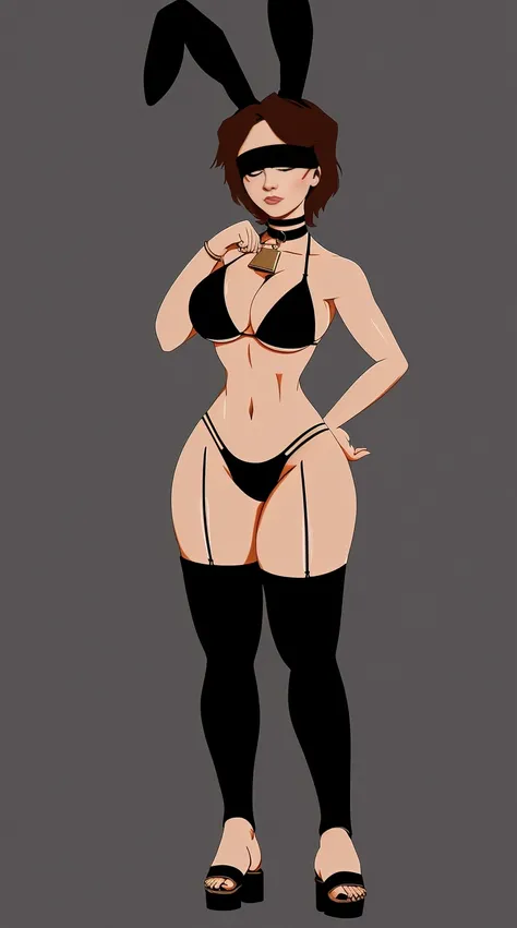 SFW Aunt Cass, standing straight symmetrical, full body, solo girl looking to the camera, blindfolded, cow bell choker, metal sandals, black bikini, black bunny ears, black thigh highs, grey background