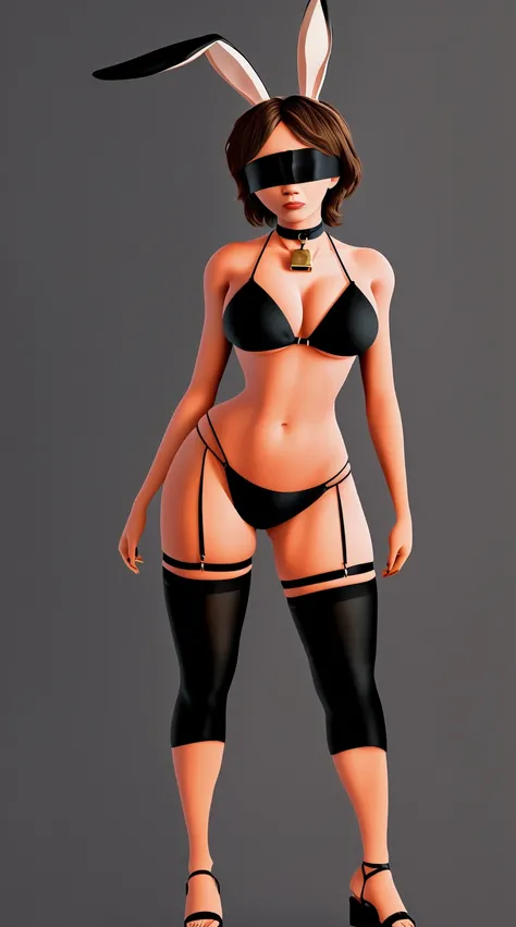 SFW Aunt Cass, standing straight symmetrical, full body, solo girl looking to the camera, blindfolded, cow bell choker, metal sandals, black bikini, black bunny ears, black thigh highs, grey background