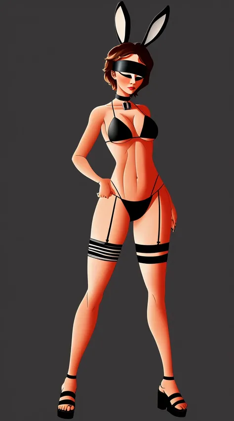 SFW Aunt Cass, standing straight symmetrical, full body, solo girl looking to the camera, blindfolded, cow bell choker, metal sandals, black bikini, black bunny ears, black thigh highs, grey background