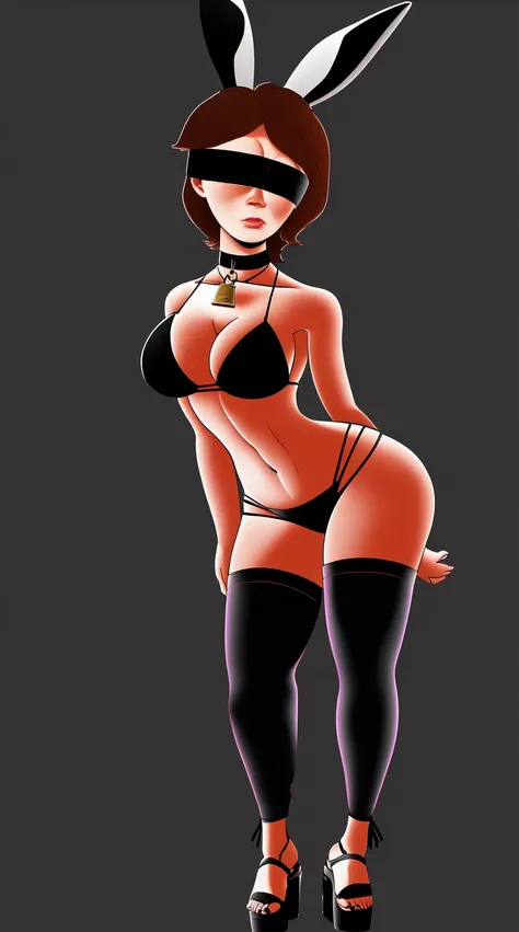 SFW Aunt Cass, standing straight symmetrical, full body, solo girl looking to the camera, blindfolded, cow bell choker, metal sandals, black bikini, black bunny ears, black thigh highs, grey background