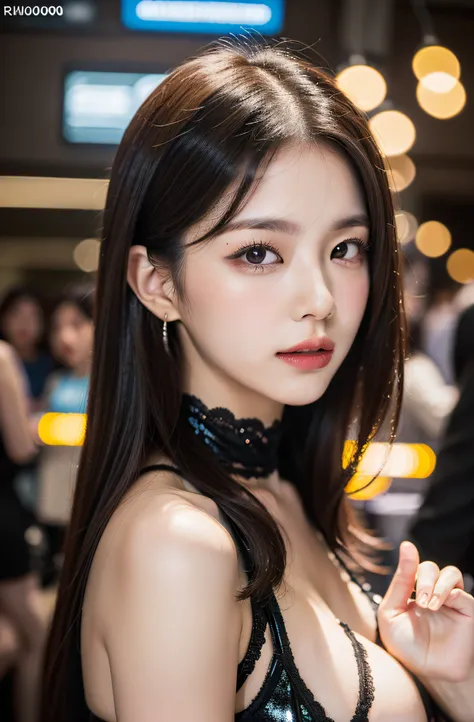 Exposed nipples、Luxury Clubs、The award ceremony inside the cabaret club、Wearing a sparkling black dress、High exposure、Photorealistic images of solo idols, Morning Musume inspired by Eri Kamei, Radiates charm and beauty with plenty of bust and subtle exposu...