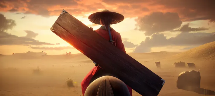 There is a man carrying a wooden cross in the desert, The rider carries a large sword, kubo and the two strings, Animated Movies《Kubo》, Beeple and Jean Giraud, wuxia, ghost of tsushima, taken from movie, Death and robots, 《overwatch》McRae, shadowbringers c...