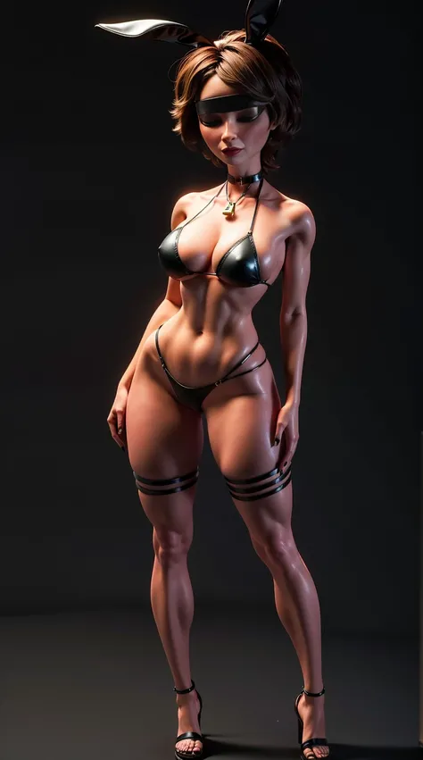 SFW Aunt Cass, standing straight symmetrical, full body, solo girl looking to the camera, blindfolded, cow bell choker, metal sandals, black bikini, black bunny ears, black thigh highs, grey background