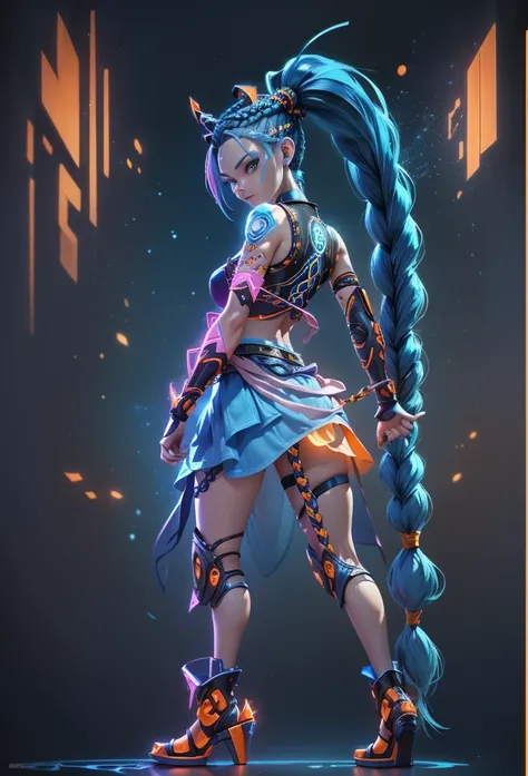 Jinx1024, Game character design，3D character rendering，(((Vector illustration style)))，League of Legends Jinx，((1girl，(Blue double ponytail: 1.5)，(Blue braids: 1.5)，Red eyes，big laughter，future warrior，(Pink mechanical skirt: 1.2)，(A luminous magazine is t...