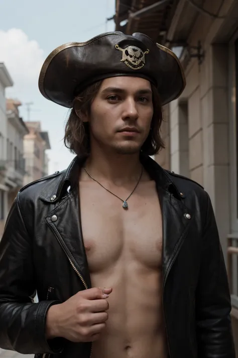 there is a man with a pirate hat and a leather jacket, arte do personagem do motor irreal, Detalhes do caractere 8K, 8k portrait render, retrato pirata, Pirate Captain, pirata da classe swashbuckler, Personagem altamente detalhado, 3 d render arte do carac...