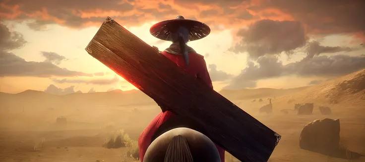 There is a man carrying a wooden cross in the desert, The rider carries a large sword, kubo and the two strings, Animated Movies《Kubo》, Beeple e Jean Giraud, wuxia, ghost of tsushima, taken from a movie, Death and robots, 《overwatch》McRae, shadowbringers c...