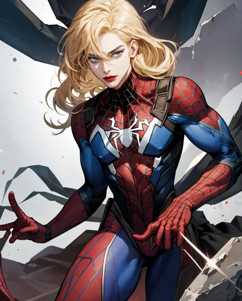 Spider man marvel universe oc : pretty spider woman, blue eyes, blonde hair with brown highlights, red lips and model facial features