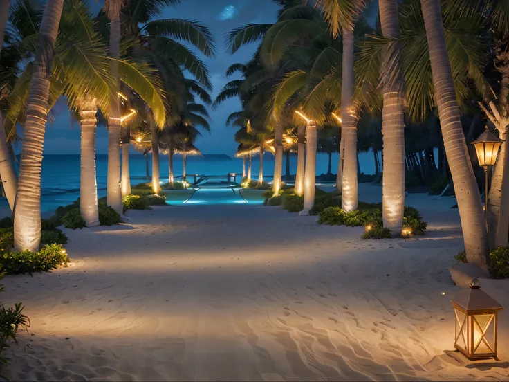 Beachfront resorts with illuminated pathways create a vivid scene of luxury and tranquility. Picture a stunning photograph showcasing a pristine coastal paradise at dusk. The pathways, brilliantly lit, guide the viewers gaze towards elegant resorts nestled...