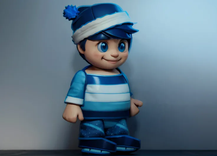 A happy cute boy standing short hair with dark blue cap , vestindo uma camisa azul , , fundo branco, barnet, Tom, Estilo Pixar, ......3d, desenhos animados, rosto detalhado, asymmetrical 16k