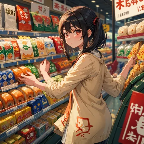 (best quality:1.4), anime, solo, A girl in supermarket gyoza dumplings jiaozi