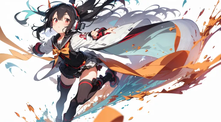 (Best quality, 8k, 32k, Masterpiece, UHD:1.3), ultra-detailed face, detailed lips, detailed eyes, anime girl with long hair and headphones running with blood splatters, demon anime girl, anime style 4 k, by Shitao, by Jin Homura, (anime girl), gapmoe yande...