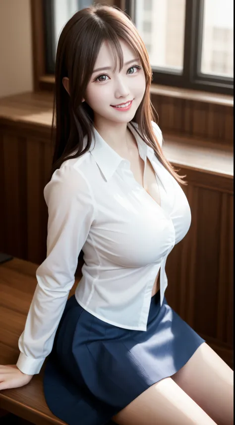 On a table, Best quality at best, 8K, 1 super beautiful woman, beautiful boobs, white  shirt, a blue tie, pleatedskirt, F, ssmile、Perfect balance、Perfect style、