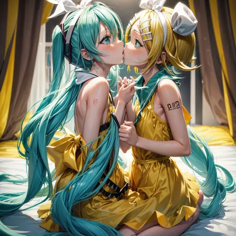 2 girls, (Hatsune Miku), long hair, (((Kagamine Rin, yellow bobcut))), cute, naked, (curvy body:0.5), (plump body:0.5), small breasts, long hair, ((dee kiss)