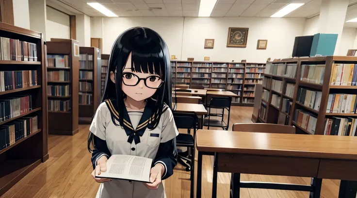 In a library with no one else around、facing a desk、Reading、with black hair、bespectacled、Girl in a sailor suit,Flat paper cutouts,monotone