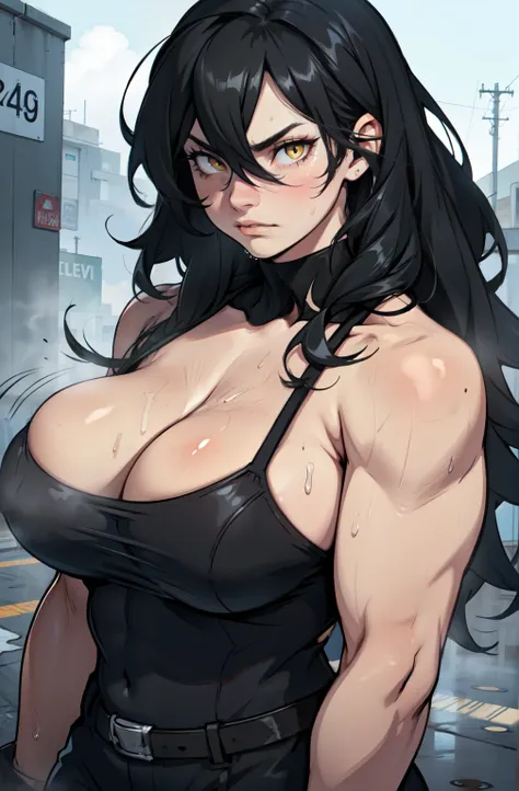 (sad girl) muscular huge breasts black hair yellow eyes pale skin wet hair sweaty hair between eyes messy hair