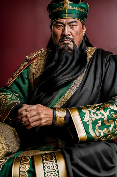 Generate a digital artwork capturing a highly realistic and recognizable portrayal of Guan Yu, the Chinese historical figure. Picture him in a seated on reading a scroll position with a focused gaze directly at the viewer. His facial expression should conv...