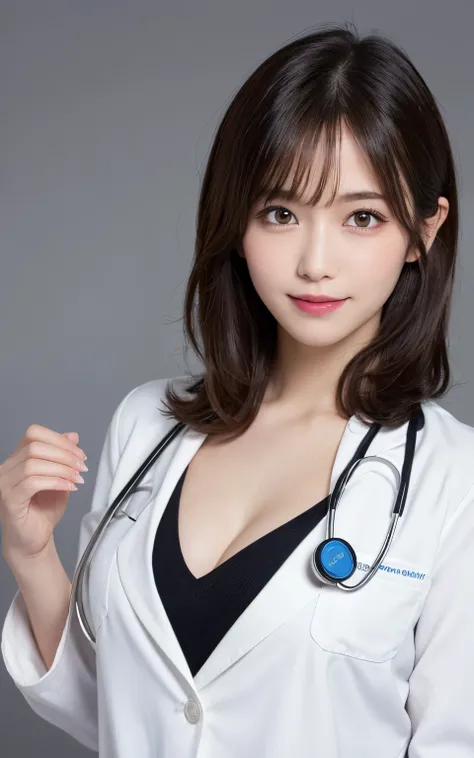 masutepiece, Best Quality, Illustration, Ultra-detailed, finely detail, hight resolution, 8K Wallpaper, Perfect dynamic composition, Beautiful detailed eyes, Doctors attire,Bob Hair, mid-chest, Natural Color Lip, Random and sexy poses,Smile,20 years girl、C...