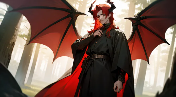 of a guy，Red-haired demon，black-clad，large tall，Handsome，There is a pair of dragon wings on the back，There is a pair of dragon horns on the head，standing in forest，Western fantasy，Fairytales，Works of masters，A high resolution，Exquisite facial features