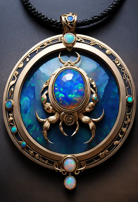 item design, (a circular zodiac pendant), (a double opal stone in the middle: 1.3), (only one double opal), (a black leather rop...