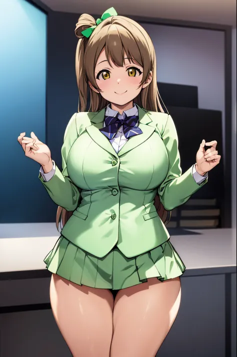 ((best quality)), ((masterpiece)), (detailed), formal suit, minami kotori, curvy body,sexy, big breasts, thighs , smile,in office