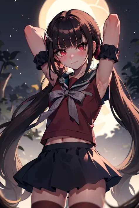 MakiH, red thighhighs, best quality, masterpiece, highres, anime, {arms behind head}, contrapposto, spread armpit, nervous smile, blush, forest, night, cowboy shot,