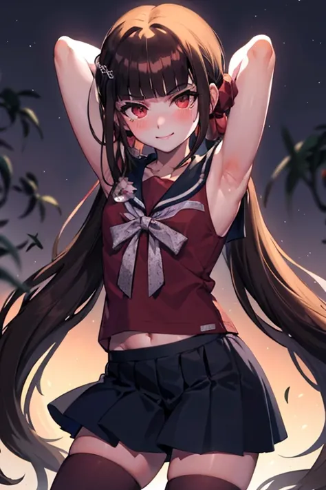 MakiH, red thighhighs, best quality, masterpiece, highres, anime, {arms behind head}, contrapposto, spread armpit, nervous smile, blush, forest, night, cowboy shot,