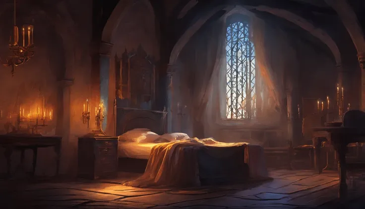 a medieval bedchamber in the evening fit for royalty. The atmosphere is calm and empty with feelings of burden and illness, cold colors