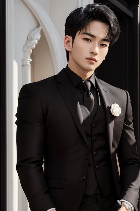 oppav3, (masterpiece, ultra quality, high resolution, 8k, intricate: 1.2), (detailed face:1.2), (wearing black suit:1.5), handsome, detailed skin, pores, absurdres, hunk, 1boy, male focus, ((realistic)), good lighting quality, muscle veins, ((pale skin)), ...