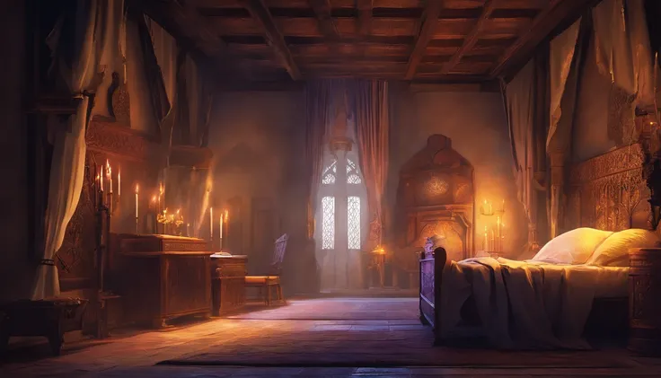 a medieval bedchamber in the evening fit for royalty. The atmosphere is calm and empty with feelings of burden and illness, nighttime colors and the air is cold